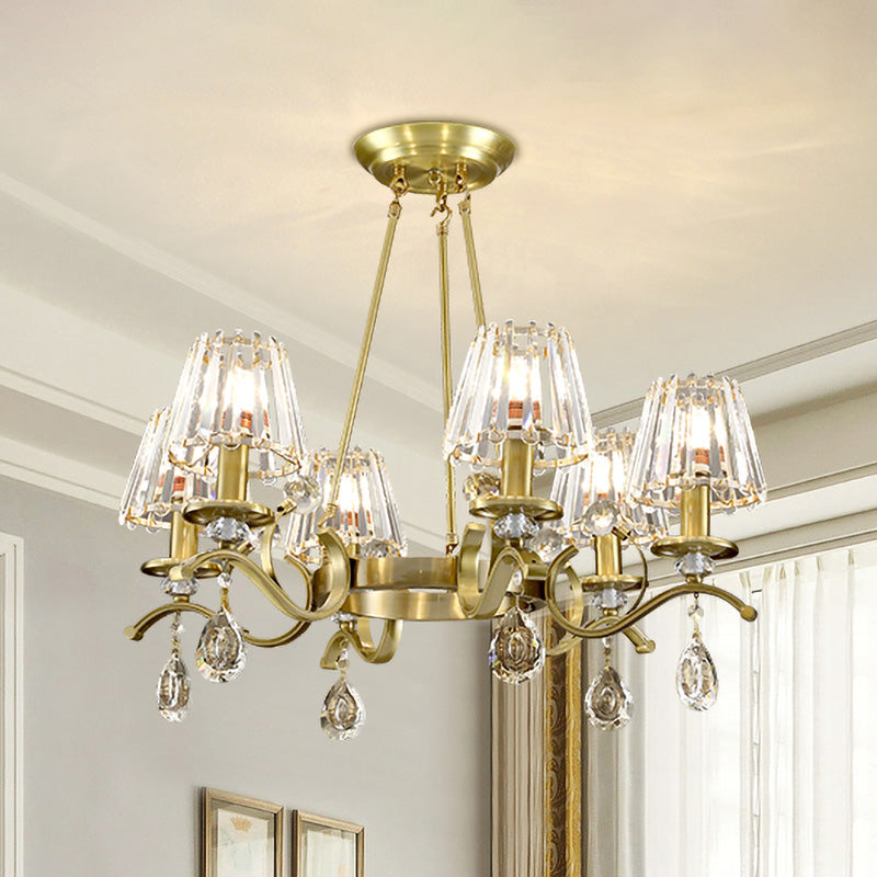 Gold Finish Wheel Chandelier Postmodern Metal 6-Head Living Room Hanging Lamp with Cone Crystal Shade Clearhalo 'Ceiling Lights' 'Chandeliers' Lighting' options 965922