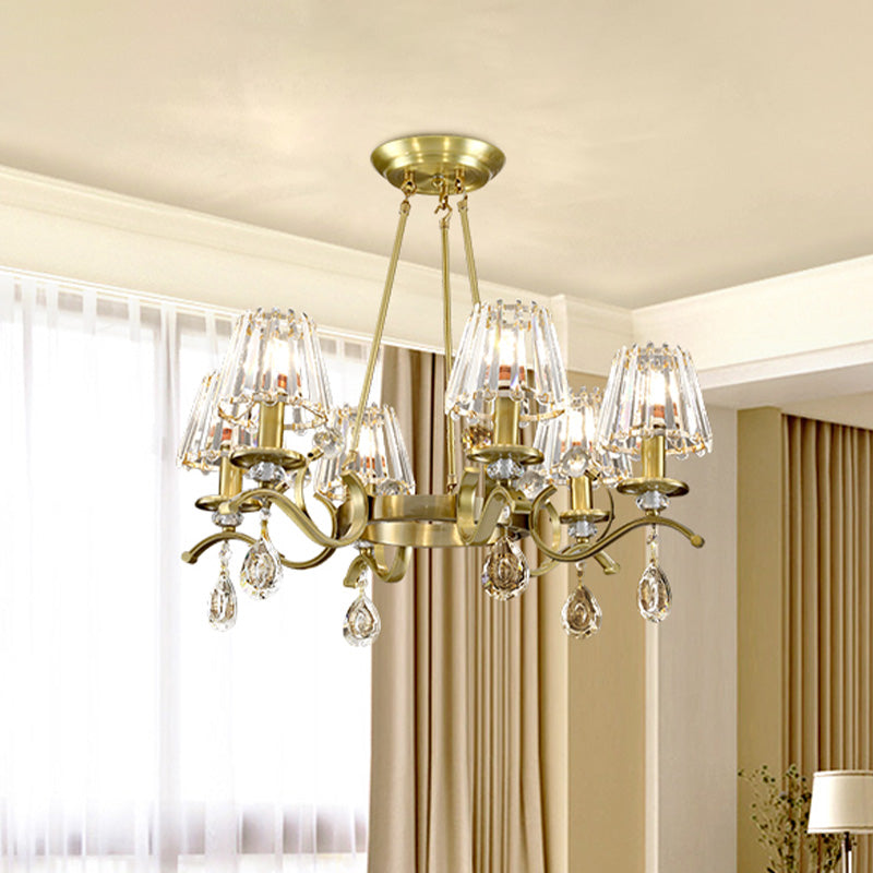 Gold Finish Wheel Chandelier Postmodern Metal 6-Head Living Room Hanging Lamp with Cone Crystal Shade Clearhalo 'Ceiling Lights' 'Chandeliers' Lighting' options 965923