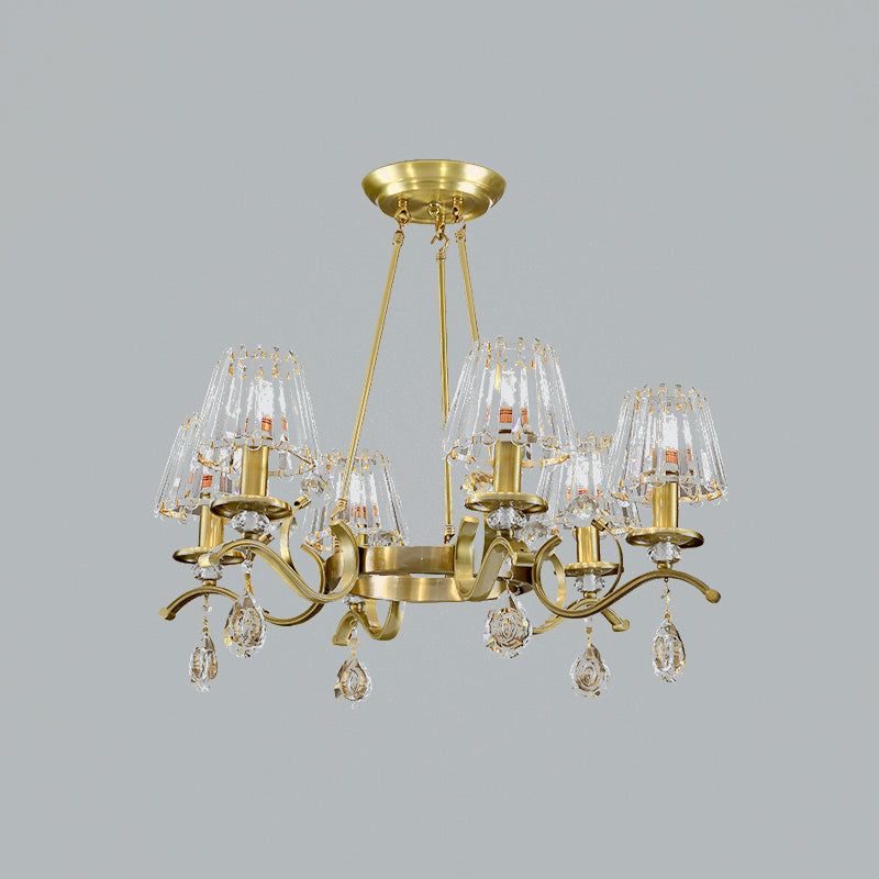 Gold Finish Wheel Chandelier Postmodern Metal 6-Head Living Room Hanging Lamp with Cone Crystal Shade Clearhalo 'Ceiling Lights' 'Chandeliers' Lighting' options 965924