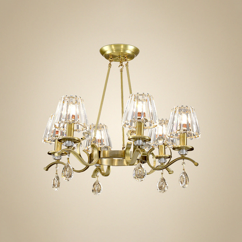 Gold Finish Wheel Chandelier Postmodern Metal 6-Head Living Room Hanging Lamp with Cone Crystal Shade Clearhalo 'Ceiling Lights' 'Chandeliers' Lighting' options 965925