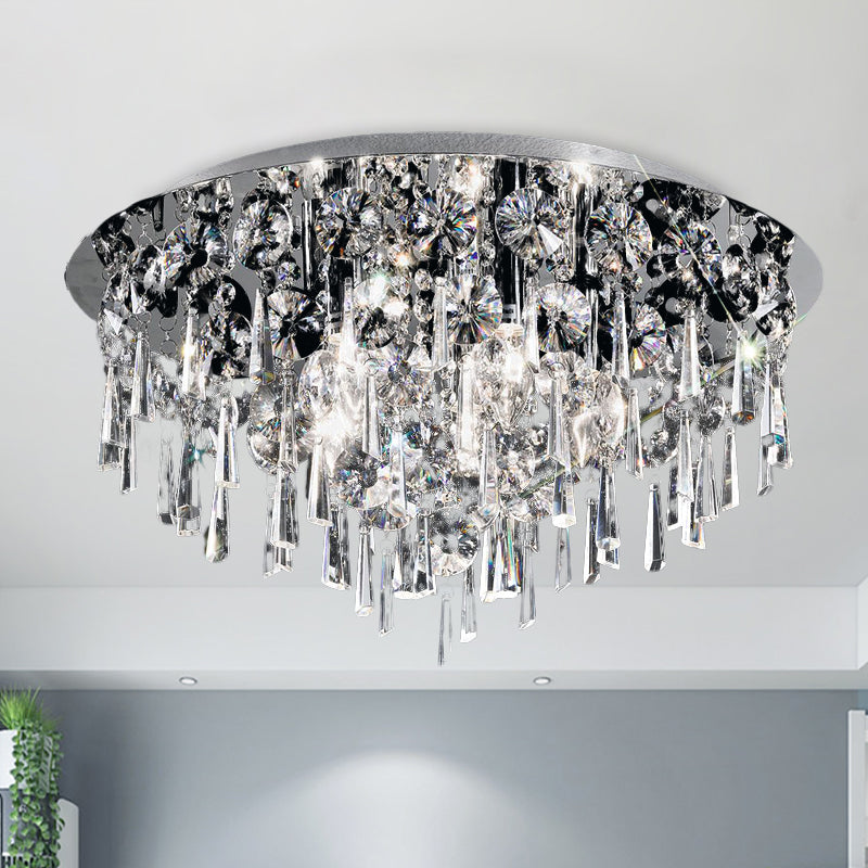 4 Heads Flush Ceiling Light Contemporary Round Crystal Fringe Flush Mount Lighting in Chrome Chrome Clearhalo 'Ceiling Lights' 'Close To Ceiling Lights' 'Close to ceiling' 'Flush mount' Lighting' 965962