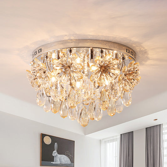 6-Light Flush Ceiling Light Modern Flower and Raindrop Crystal Fringe Flushmount in Chrome for Dining Room Nickel Clearhalo 'Ceiling Lights' 'Close To Ceiling Lights' 'Close to ceiling' 'Flush mount' Lighting' 965997