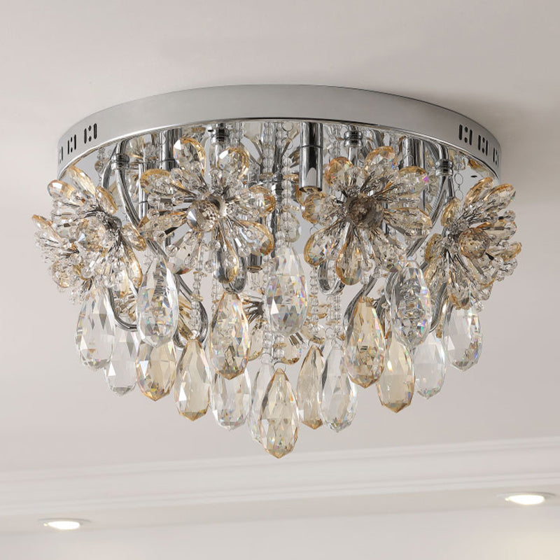 6-Light Flush Ceiling Light Modern Flower and Raindrop Crystal Fringe Flushmount in Chrome for Dining Room Clearhalo 'Ceiling Lights' 'Close To Ceiling Lights' 'Close to ceiling' 'Flush mount' Lighting' 965999