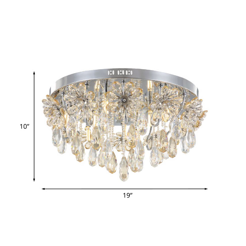 6-Light Flush Ceiling Light Modern Flower and Raindrop Crystal Fringe Flushmount in Chrome for Dining Room Clearhalo 'Ceiling Lights' 'Close To Ceiling Lights' 'Close to ceiling' 'Flush mount' Lighting' 966001