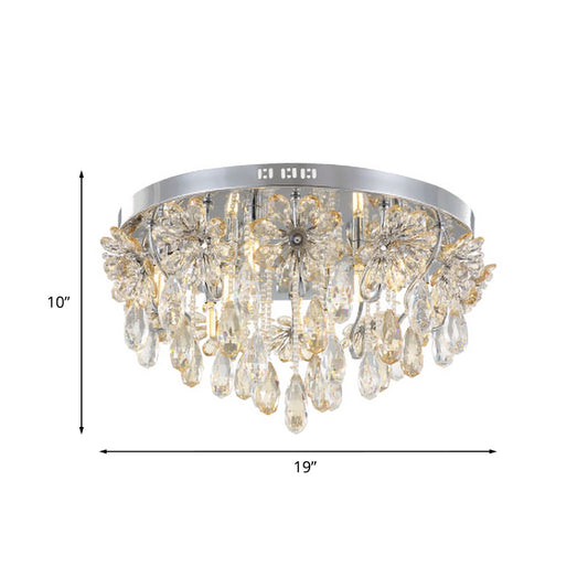 6-Light Flush Ceiling Light Modern Flower and Raindrop Crystal Fringe Flushmount in Chrome for Dining Room Clearhalo 'Ceiling Lights' 'Close To Ceiling Lights' 'Close to ceiling' 'Flush mount' Lighting' 966001