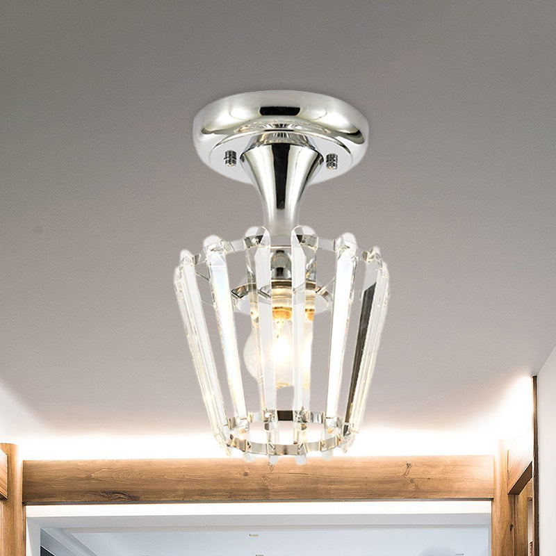 Minimalism Tapered Mini Ceiling Fixture 1-Light Crystal Semi Flush Mount Lighting Fixture in Chrome Clearhalo 'Ceiling Lights' 'Close To Ceiling Lights' 'Close to ceiling' 'Semi-flushmount' Lighting' 966004