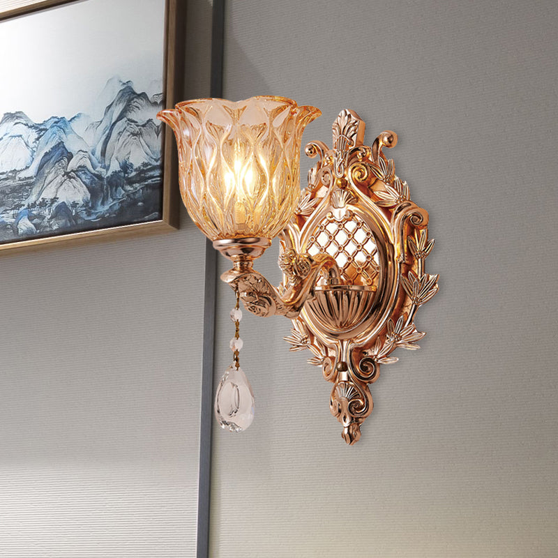 Amber Lattice Glass Floral Wall Light Traditional Single Bulb Living Room Sconce Lighting in Gold Gold Clearhalo 'Wall Lamps & Sconces' 'Wall Lights' Lighting' 966017