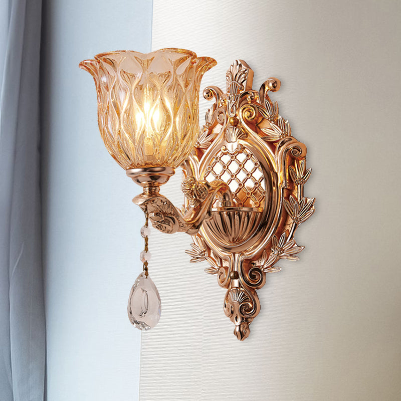 Amber Lattice Glass Floral Wall Light Traditional Single Bulb Living Room Sconce Lighting in Gold Clearhalo 'Wall Lamps & Sconces' 'Wall Lights' Lighting' 966018