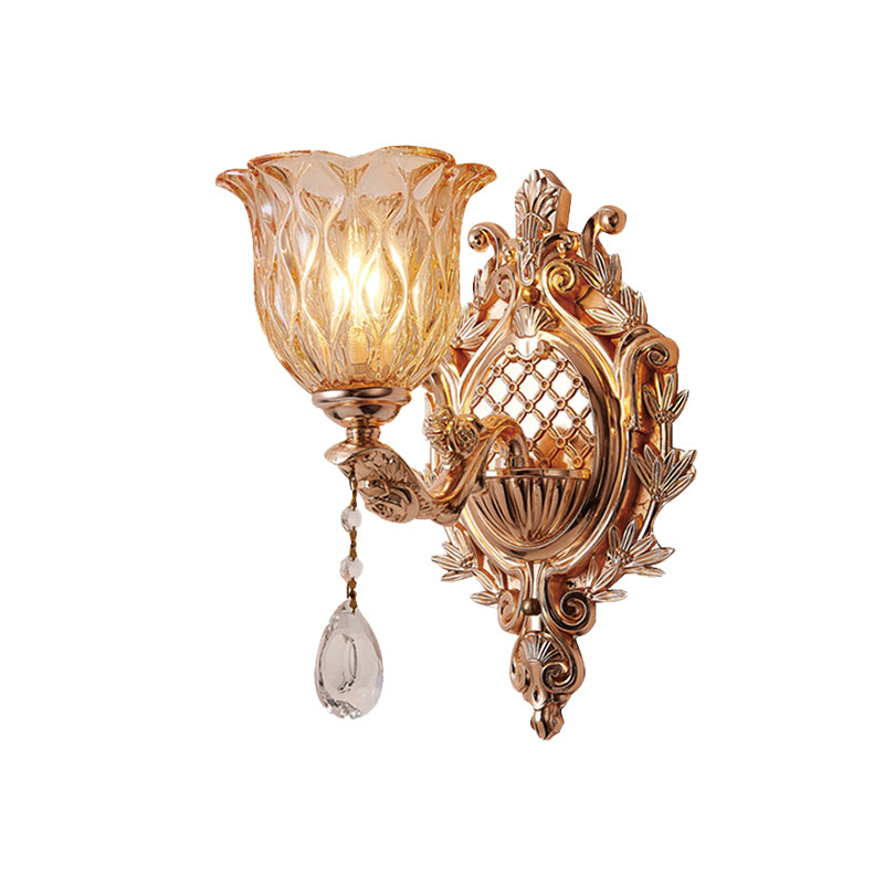 Amber Lattice Glass Floral Wall Light Traditional Single Bulb Living Room Sconce Lighting in Gold Clearhalo 'Wall Lamps & Sconces' 'Wall Lights' Lighting' 966020