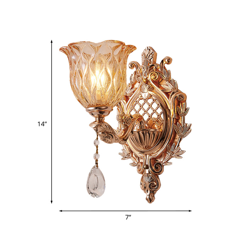 Amber Lattice Glass Floral Wall Light Traditional Single Bulb Living Room Sconce Lighting in Gold Clearhalo 'Wall Lamps & Sconces' 'Wall Lights' Lighting' 966021