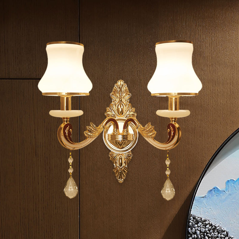 2 Heads Wall Sconce Vintage Bedroom Wall Mount Lamp with Curved Milk Glass Lampshade in Gold Gold Clearhalo 'Wall Lamps & Sconces' 'Wall Lights' Lighting' 966022