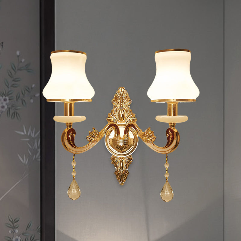 2 Heads Wall Sconce Vintage Bedroom Wall Mount Lamp with Curved Milk Glass Lampshade in Gold Clearhalo 'Wall Lamps & Sconces' 'Wall Lights' Lighting' 966023