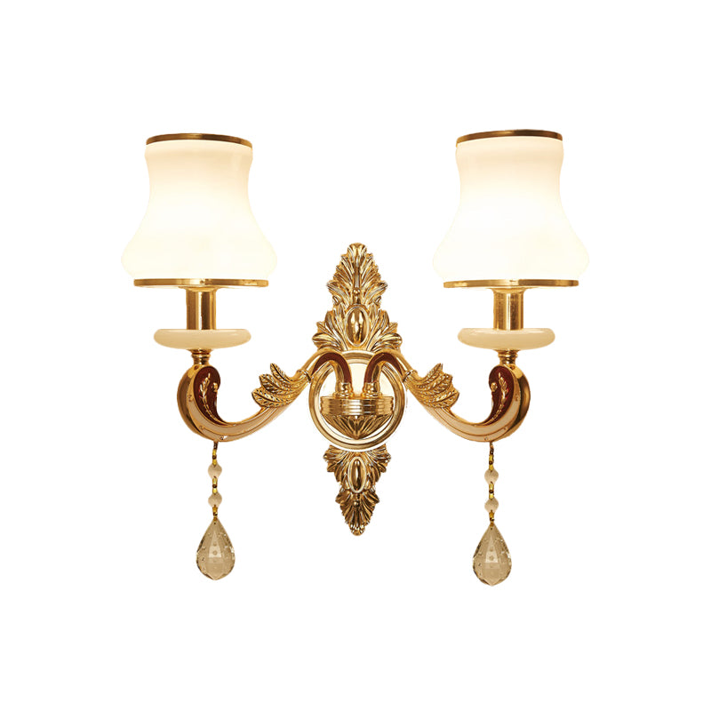 2 Heads Wall Sconce Vintage Bedroom Wall Mount Lamp with Curved Milk Glass Lampshade in Gold Clearhalo 'Wall Lamps & Sconces' 'Wall Lights' Lighting' 966024