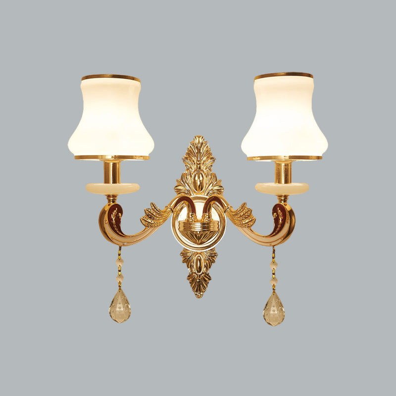 2 Heads Wall Sconce Vintage Bedroom Wall Mount Lamp with Curved Milk Glass Lampshade in Gold Clearhalo 'Wall Lamps & Sconces' 'Wall Lights' Lighting' 966025