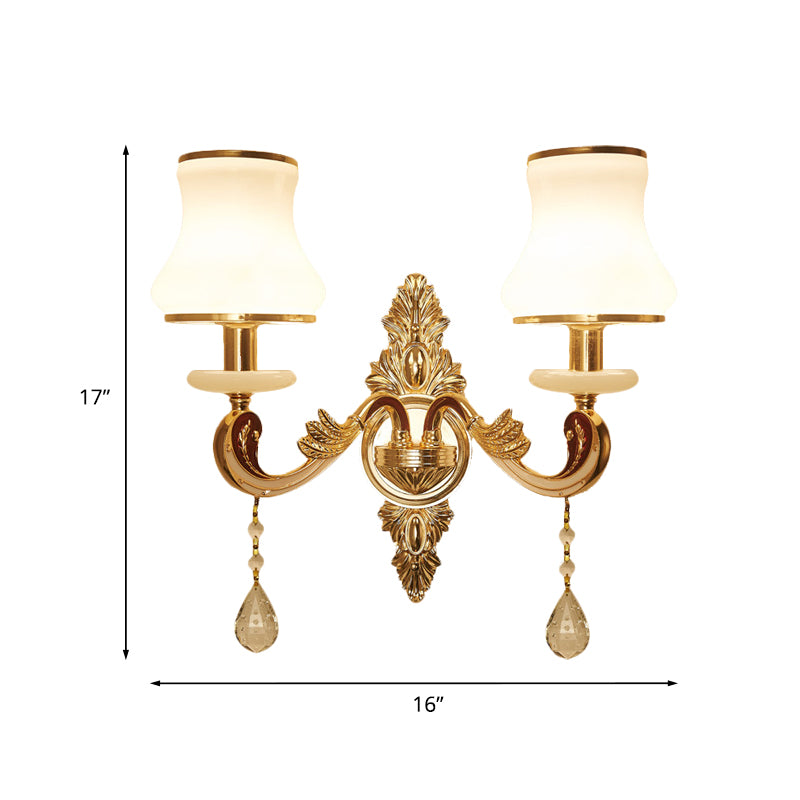 2 Heads Wall Sconce Vintage Bedroom Wall Mount Lamp with Curved Milk Glass Lampshade in Gold Clearhalo 'Wall Lamps & Sconces' 'Wall Lights' Lighting' 966026