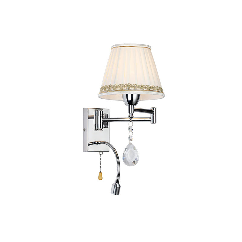 1-Head Reading Wall Light Modern Pleated Fabric Braided-Trimmed Cone Sconce with Chrome Extendable Arm Clearhalo 'Wall Lamps & Sconces' 'Wall Lights' Lighting' 966059