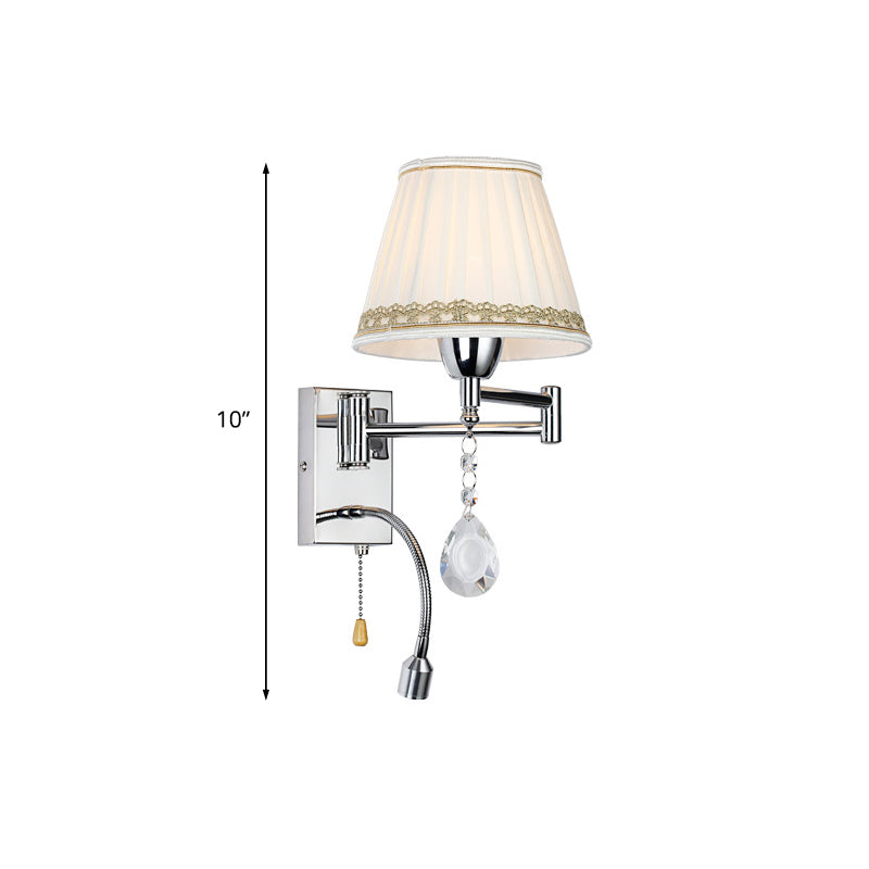 1-Head Reading Wall Light Modern Pleated Fabric Braided-Trimmed Cone Sconce with Chrome Extendable Arm Clearhalo 'Wall Lamps & Sconces' 'Wall Lights' Lighting' 966061