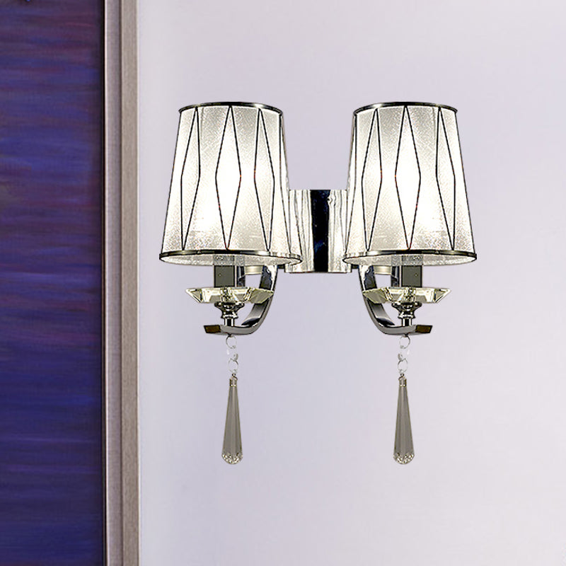 1/2-Bulb Wall Lighting Fixture Modern Diamond-Pattern Barrel PVC Wall Lamp in Chrome with K9 Crystal Drop Clearhalo 'Modern wall lights' 'Modern' 'Wall Lamps & Sconces' 'Wall Lights' Lighting' 966068