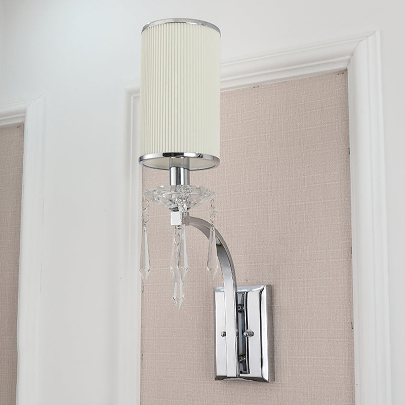 Simple Pillar Wall Mounted Light 1 Bulb Ribbed Fabric Sconce Lighting in Chrome for Living Room Clearhalo 'Modern wall lights' 'Modern' 'Wall Lamps & Sconces' 'Wall Lights' Lighting' 966083
