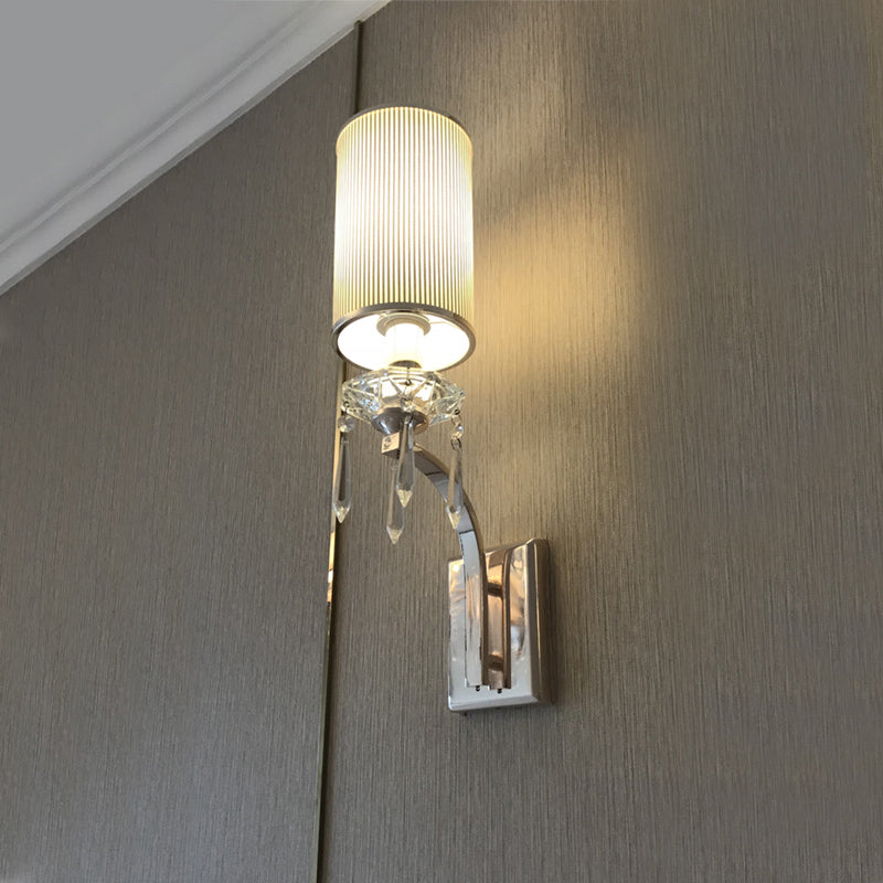 Simple Pillar Wall Mounted Light 1 Bulb Ribbed Fabric Sconce Lighting in Chrome for Living Room Clearhalo 'Modern wall lights' 'Modern' 'Wall Lamps & Sconces' 'Wall Lights' Lighting' 966084