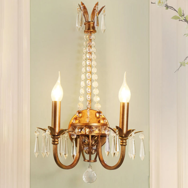 2-Head Candlestick Wall Lamp Rustic Antiqued Gold Iron Wall Mount Lighting with Crystal Accent Clearhalo 'Wall Lamps & Sconces' 'Wall Lights' Lighting' 966088