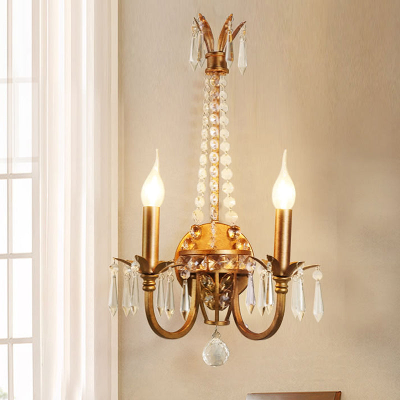 2-Head Candlestick Wall Lamp Rustic Antiqued Gold Iron Wall Mount Lighting with Crystal Accent Clearhalo 'Wall Lamps & Sconces' 'Wall Lights' Lighting' 966089