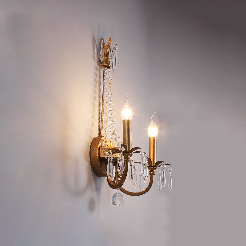 2-Head Candlestick Wall Lamp Rustic Antiqued Gold Iron Wall Mount Lighting with Crystal Accent Clearhalo 'Wall Lamps & Sconces' 'Wall Lights' Lighting' 966090