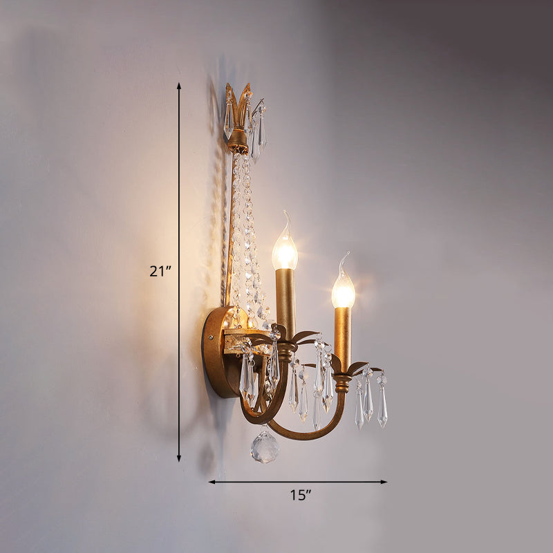 2-Head Candlestick Wall Lamp Rustic Antiqued Gold Iron Wall Mount Lighting with Crystal Accent Clearhalo 'Wall Lamps & Sconces' 'Wall Lights' Lighting' 966091