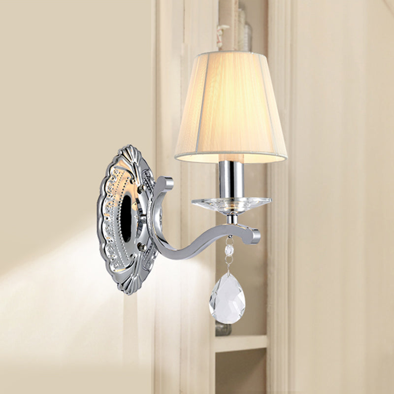 1/2-Head Pleated Fabric Wall Light Modernism Beige Cone Corner Sconce with Chrome Curving Arm 1.0 Chrome Clearhalo 'Wall Lamps & Sconces' 'Wall Lights' Lighting' 966092