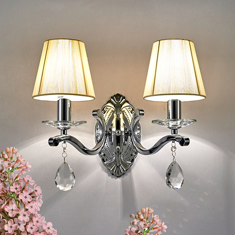 1/2-Head Pleated Fabric Wall Light Modernism Beige Cone Corner Sconce with Chrome Curving Arm 2.0 Chrome Clearhalo 'Wall Lamps & Sconces' 'Wall Lights' Lighting' 966097