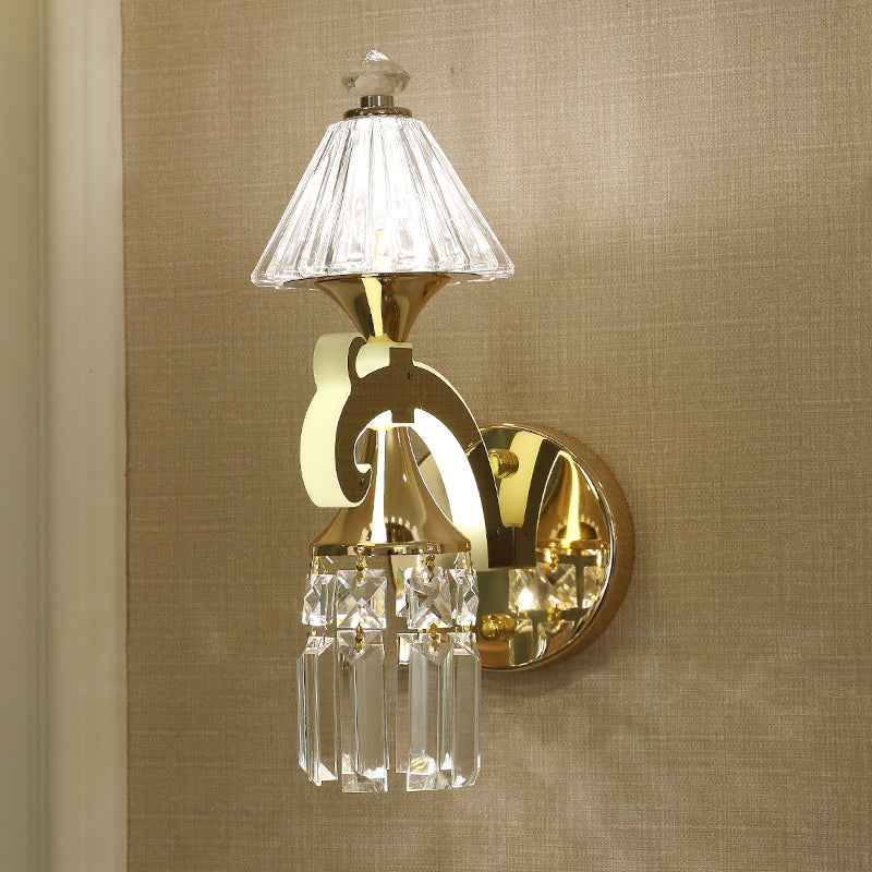 Gold 1/2-Bulb Wall Mounted Lighting Postmodern Crystal Conical Wall Sconce with Dangling Rods 1.0 Gold Clearhalo 'Wall Lamps & Sconces' 'Wall Lights' Lighting' 966102