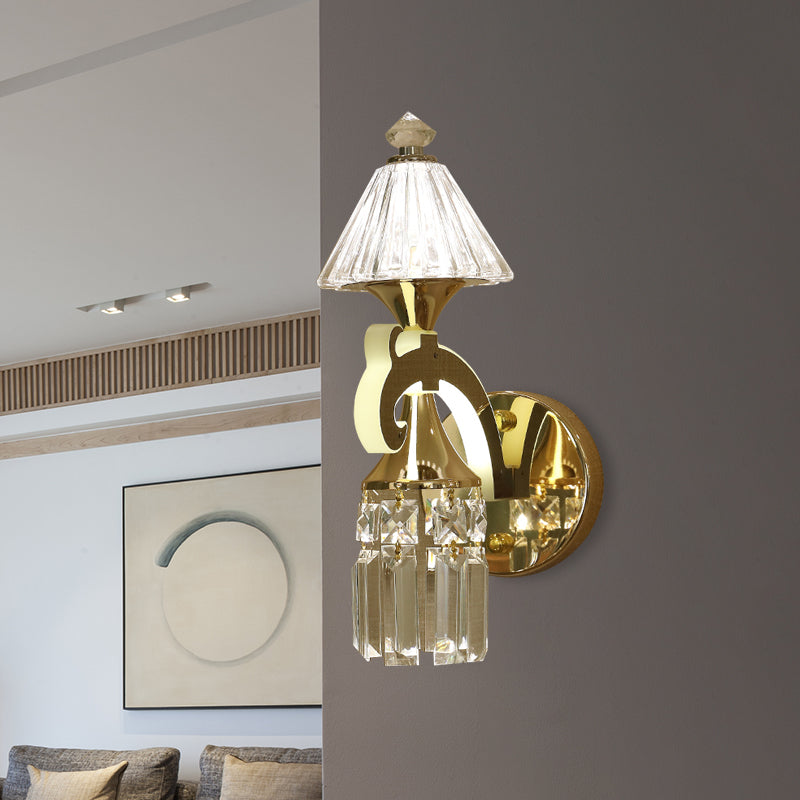 Gold 1/2-Bulb Wall Mounted Lighting Postmodern Crystal Conical Wall Sconce with Dangling Rods Clearhalo 'Wall Lamps & Sconces' 'Wall Lights' Lighting' 966103