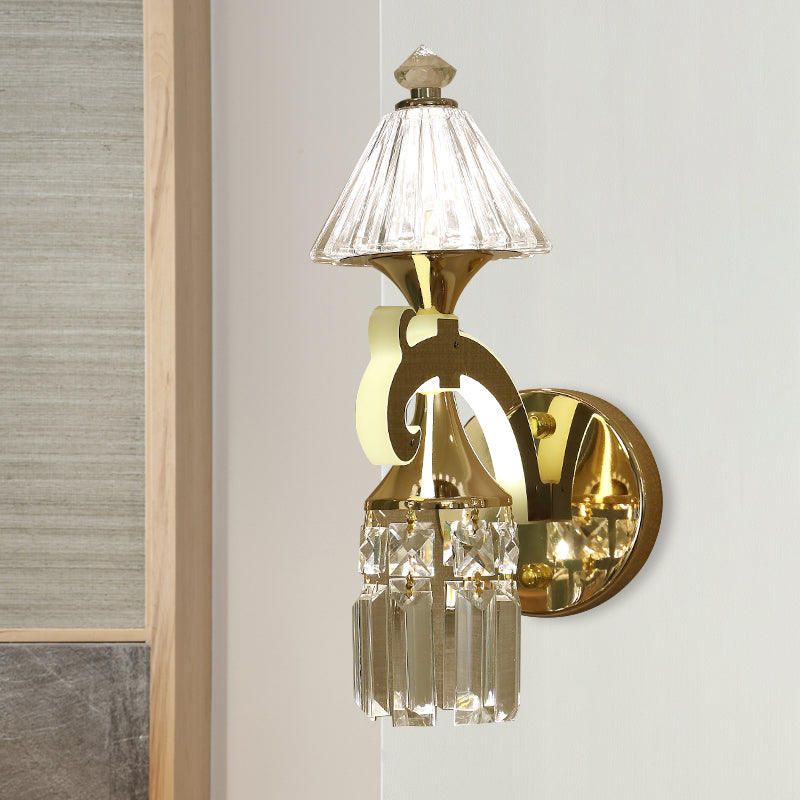 Gold 1/2-Bulb Wall Mounted Lighting Postmodern Crystal Conical Wall Sconce with Dangling Rods Clearhalo 'Wall Lamps & Sconces' 'Wall Lights' Lighting' 966104