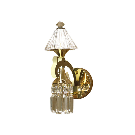 Gold 1/2-Bulb Wall Mounted Lighting Postmodern Crystal Conical Wall Sconce with Dangling Rods Clearhalo 'Wall Lamps & Sconces' 'Wall Lights' Lighting' 966105