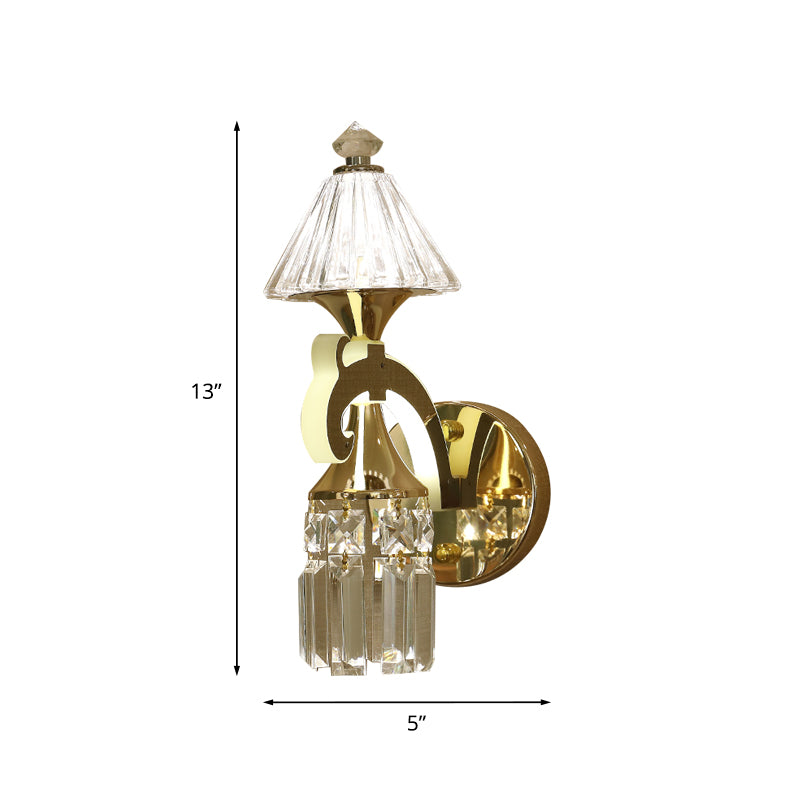 Gold 1/2-Bulb Wall Mounted Lighting Postmodern Crystal Conical Wall Sconce with Dangling Rods Clearhalo 'Wall Lamps & Sconces' 'Wall Lights' Lighting' 966106