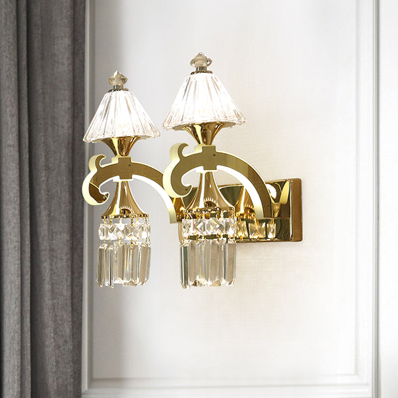 Gold 1/2-Bulb Wall Mounted Lighting Postmodern Crystal Conical Wall Sconce with Dangling Rods 2.0 Gold Clearhalo 'Wall Lamps & Sconces' 'Wall Lights' Lighting' 966107