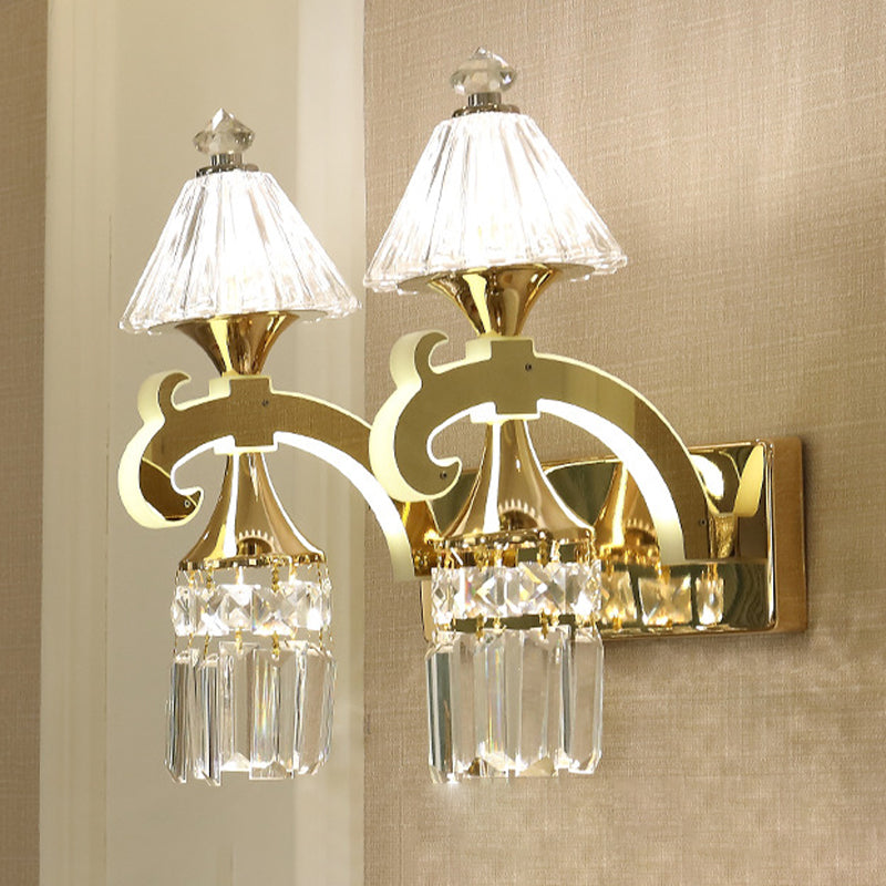 Gold 1/2-Bulb Wall Mounted Lighting Postmodern Crystal Conical Wall Sconce with Dangling Rods Clearhalo 'Wall Lamps & Sconces' 'Wall Lights' Lighting' 966108