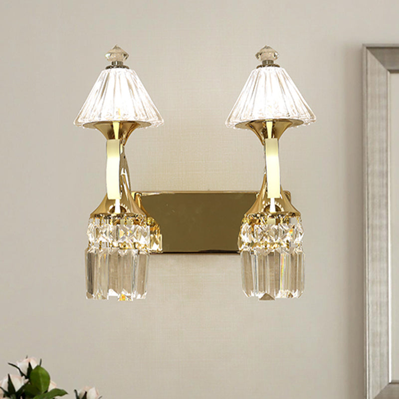 Gold 1/2-Bulb Wall Mounted Lighting Postmodern Crystal Conical Wall Sconce with Dangling Rods Clearhalo 'Wall Lamps & Sconces' 'Wall Lights' Lighting' 966109