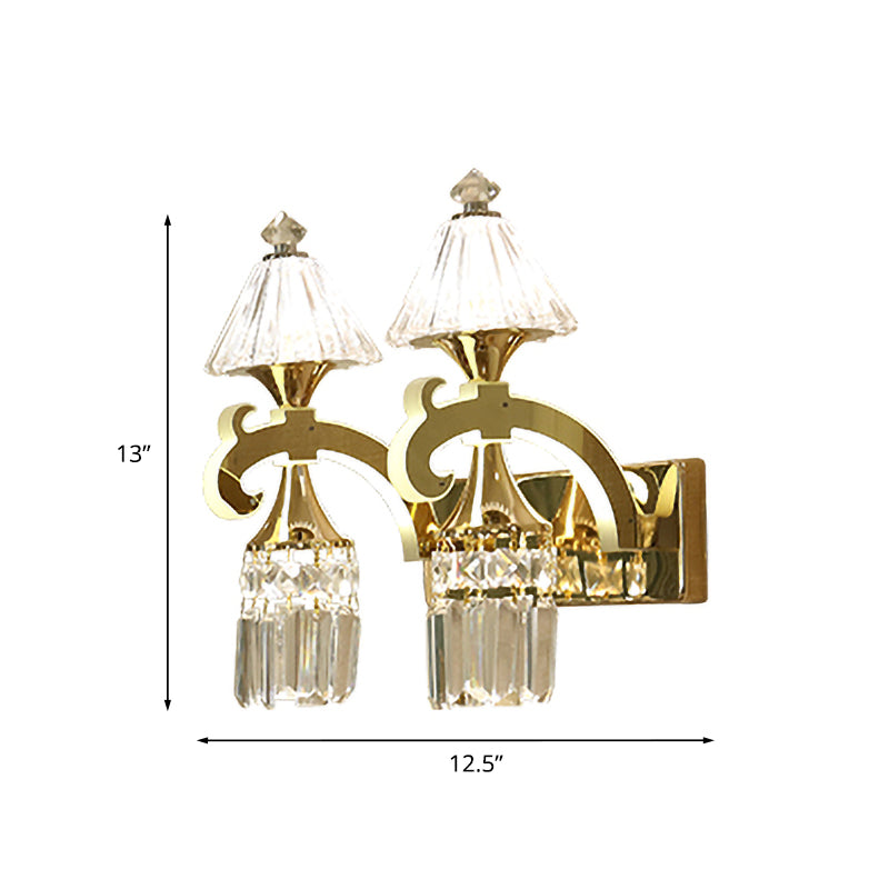 Gold 1/2-Bulb Wall Mounted Lighting Postmodern Crystal Conical Wall Sconce with Dangling Rods Clearhalo 'Wall Lamps & Sconces' 'Wall Lights' Lighting' 966111