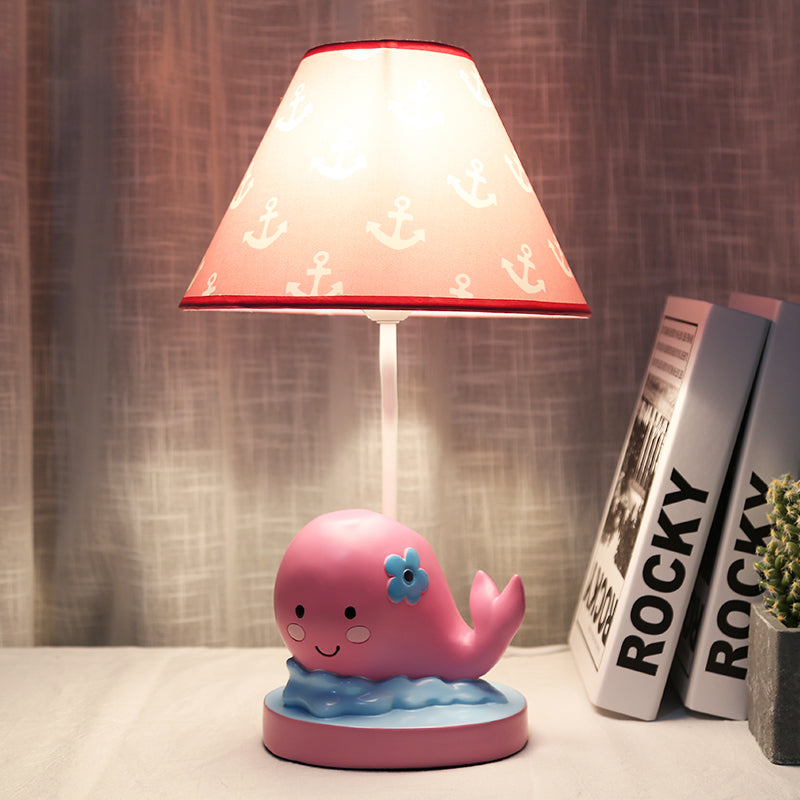 Cartoon Whale Small Desk Lamp Resin 1 Light Bedroom Nightstand Light with Barrel Fabric Shade in Pink Pink Clearhalo 'Lamps' 'Table Lamps' Lighting' 966122