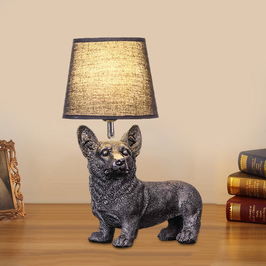Sitting/Standing Dog Night Table Light Creative Resin 1 Head Black Table Lighting with Barrel Fabric Shade for Bedroom Black Corgi - Standing Clearhalo 'Lamps' 'Table Lamps' Lighting' 966298