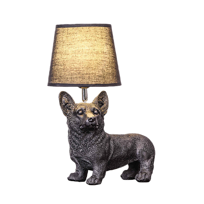 Sitting/Standing Dog Night Table Light Creative Resin 1 Head Black Table Lighting with Barrel Fabric Shade for Bedroom Clearhalo 'Lamps' 'Table Lamps' Lighting' 966300