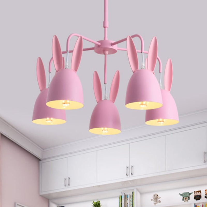 Metal Rabbit Shade Drop Pendant Light Cartoon 5 Lights Chandelier Lighting Fixture in Pink Clearhalo 'Ceiling Lights' 'Chandeliers' Lighting' options 966313