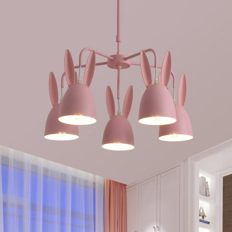 Metal Rabbit Shade Drop Pendant Light Cartoon 5 Lights Chandelier Lighting Fixture in Pink Clearhalo 'Ceiling Lights' 'Chandeliers' Lighting' options 966314