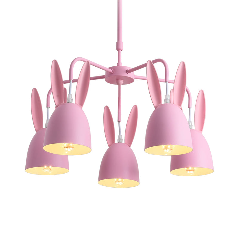 Metal Rabbit Shade Drop Pendant Light Cartoon 5 Lights Chandelier Lighting Fixture in Pink Clearhalo 'Ceiling Lights' 'Chandeliers' Lighting' options 966315