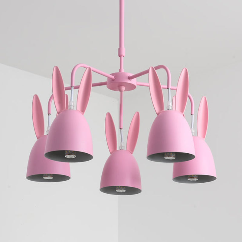 Metal Rabbit Shade Drop Pendant Light Cartoon 5 Lights Chandelier Lighting Fixture in Pink Clearhalo 'Ceiling Lights' 'Chandeliers' Lighting' options 966316