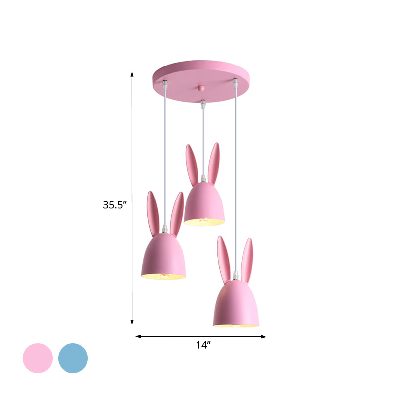 Pink/Blue Rabbit Shade Drop Cluster Pendant Light Cartoon 3 Lights Metal Hanging Lamp Clearhalo 'Ceiling Lights' 'Pendant Lights' 'Pendants' Lighting' 966322