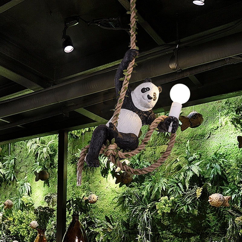 Panda Pendant Light Fixture Creative Resin 1 Bulb Hanging Lamp Kit with Rope Rod in Black and White Black-White A Clearhalo 'Ceiling Lights' 'Pendant Lights' 'Pendants' Lighting' 966327_754480af-6df6-46fd-9368-2b5113c25bbe