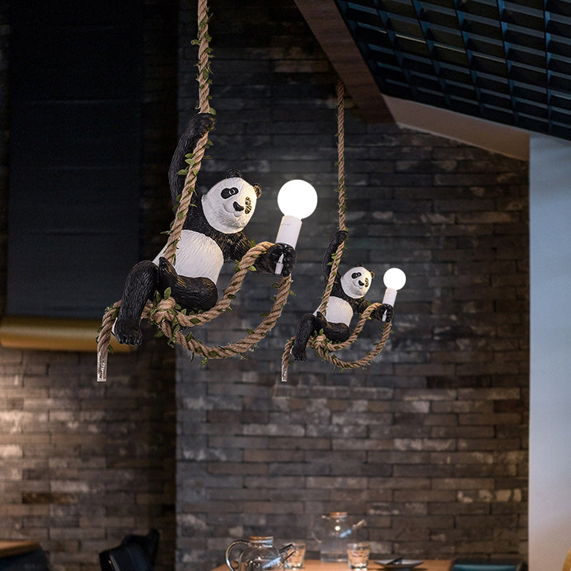 Panda Pendant Light Fixture Creative Resin 1 Bulb Hanging Lamp Kit with Rope Rod in Black and White Clearhalo 'Ceiling Lights' 'Pendant Lights' 'Pendants' Lighting' 966328