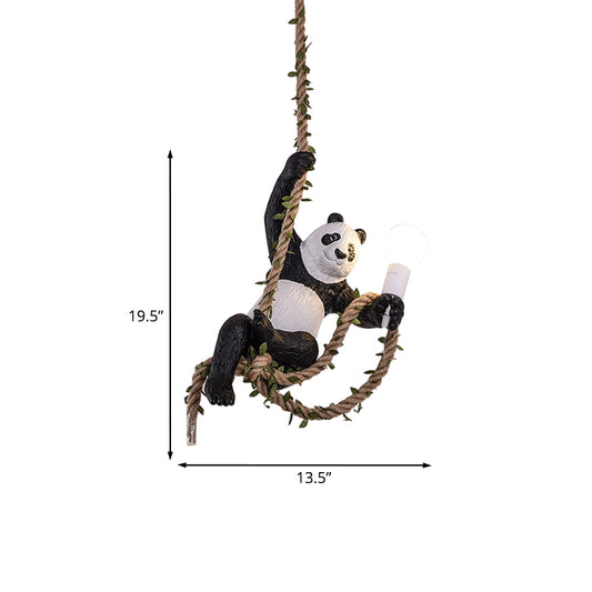 Panda Pendant Light Fixture Creative Resin 1 Bulb Hanging Lamp Kit with Rope Rod in Black and White Clearhalo 'Ceiling Lights' 'Pendant Lights' 'Pendants' Lighting' 966331